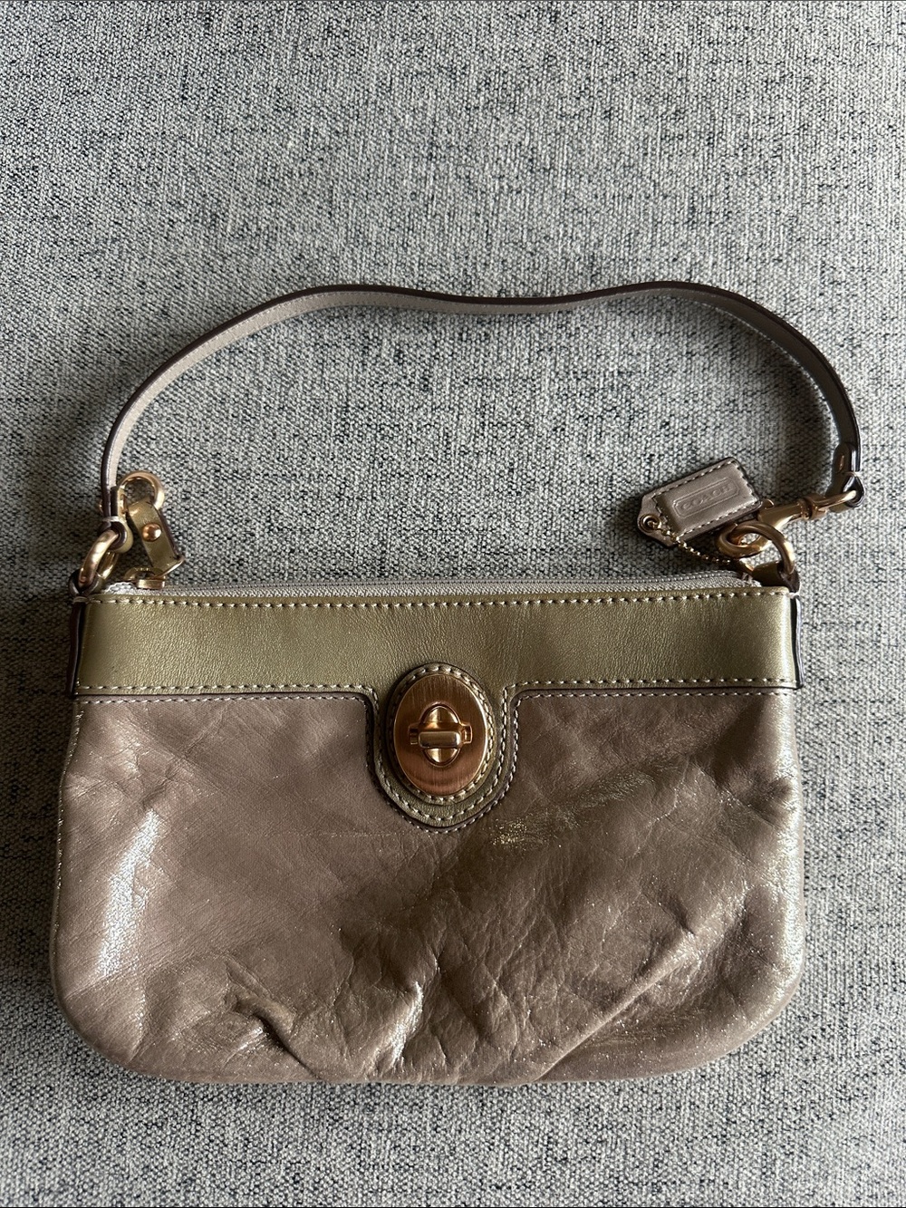 Coach Metallic Taupe Leather Wristlet with Gold Trim